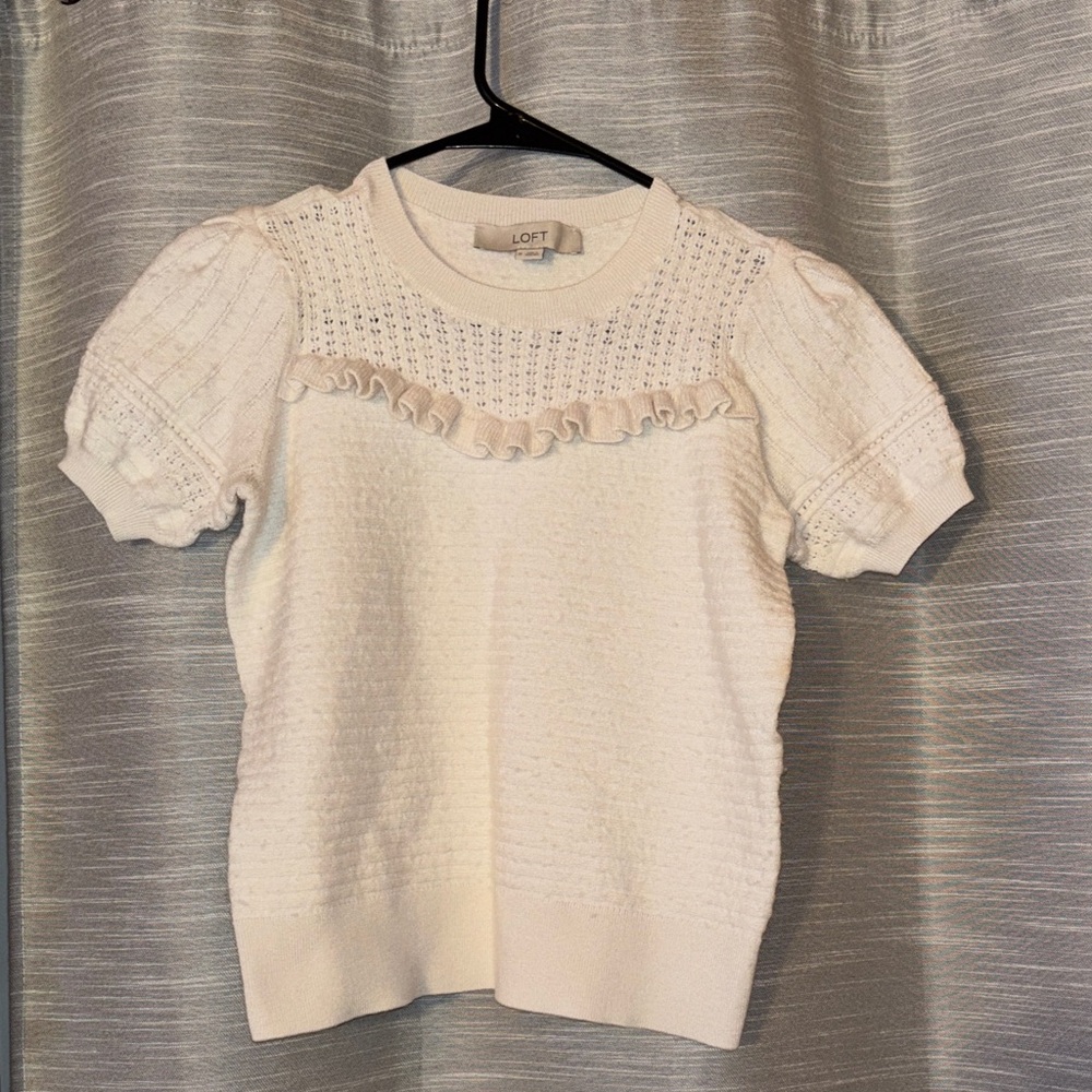 LOFT Cream Knit Sweater with Ruffle Detail